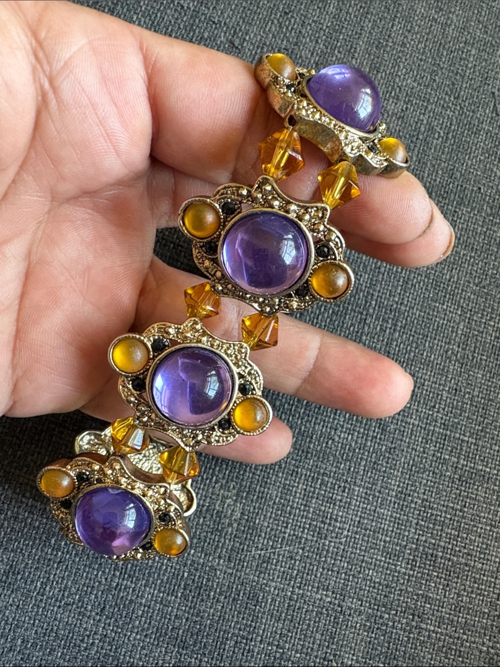 Pretty Purple & Amber Cabochon Statement Stretch Chunky Bracelet